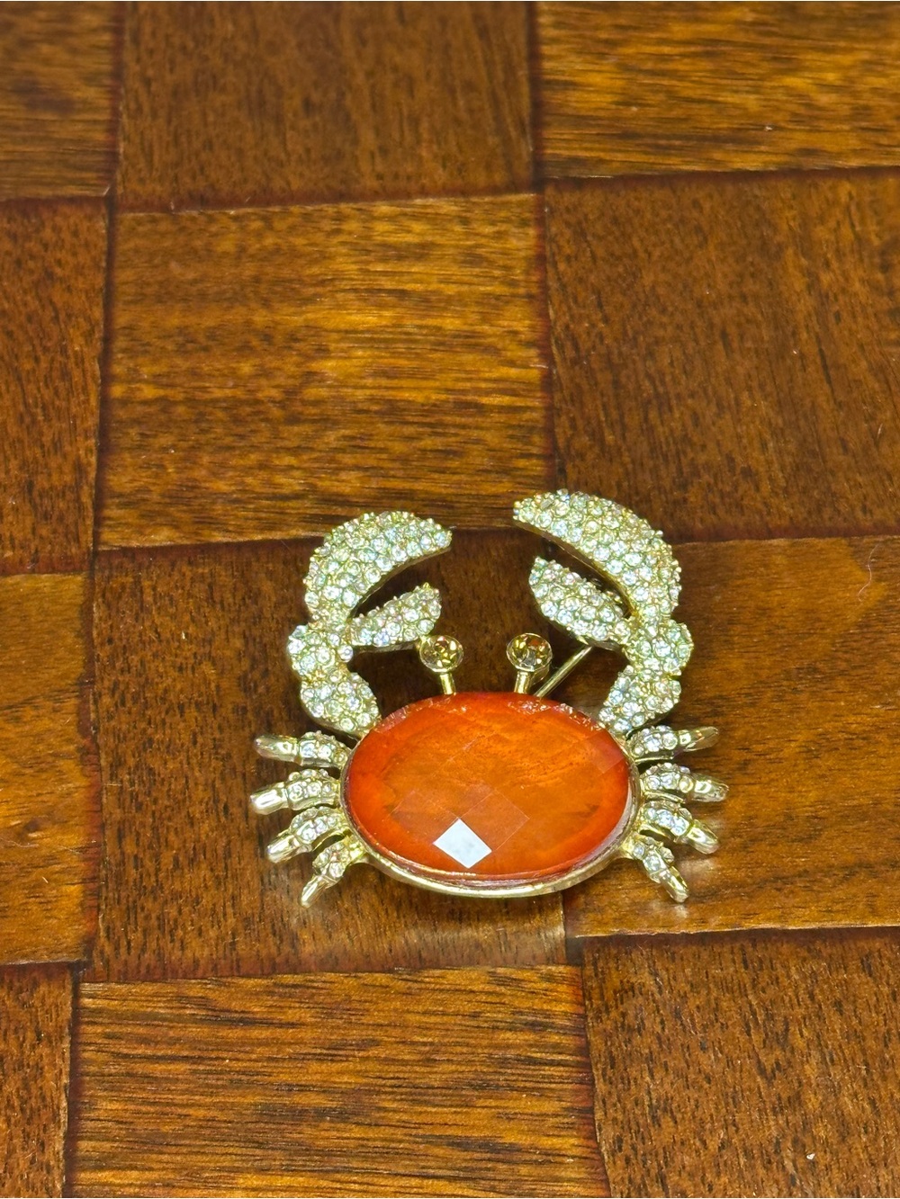 Napier Gold-Tone Crab Brooch with Orange Cabochon and Clear Crystals